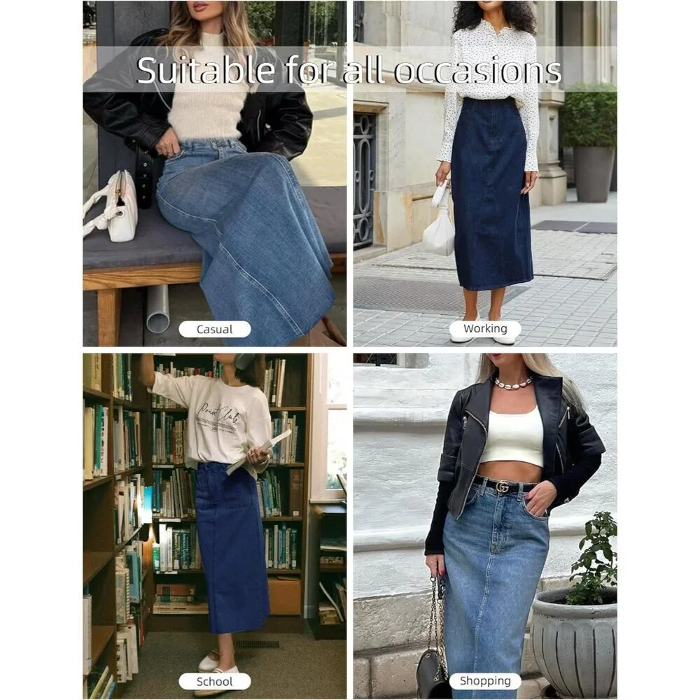 Long Denim Skirt Women Stretch Maxi High Waisted Pockets Back Slit Casual